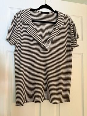 Men’s Raffi 100% linen Striped Short Sleeve Polo Top in brown and Cream size M